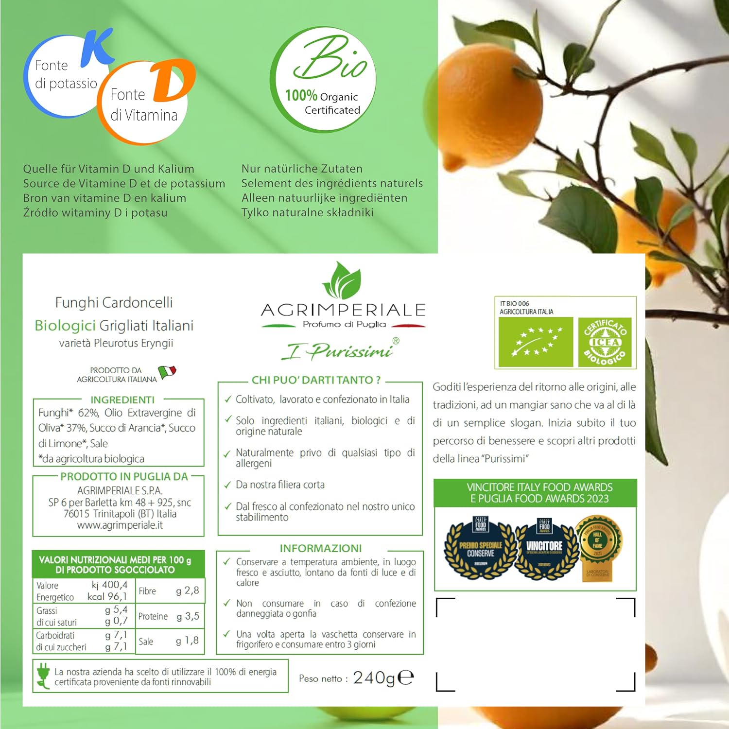 Ingrédients et valeurs nutritionnelles des champignons Cardoncelli grillés bio I Purissimi