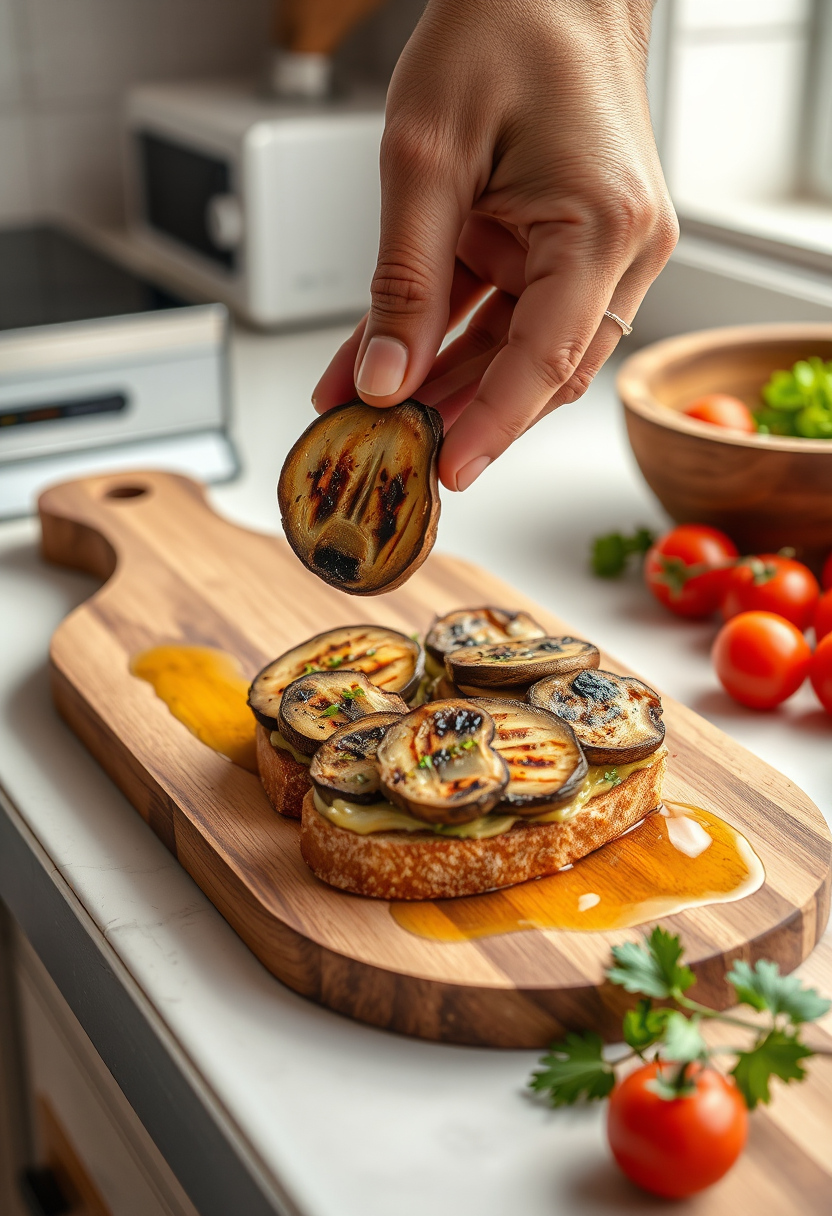 Main préparant une bruschetta avec des champignons cardoncelli grillés