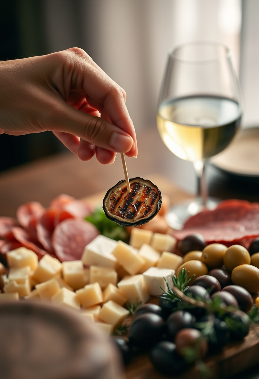 Main piquant un champignon cardoncelli grillé sur une planche d'apéritif